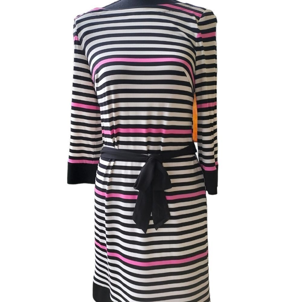512) Laundry by Design Striped black White Pink Dress  Tied Belt zipper Small